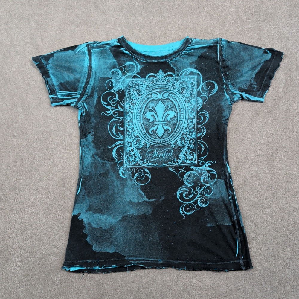 Sinful Y2K Grunge Graphic Tee Large Black Teal Cotton Distressed Affliction Core